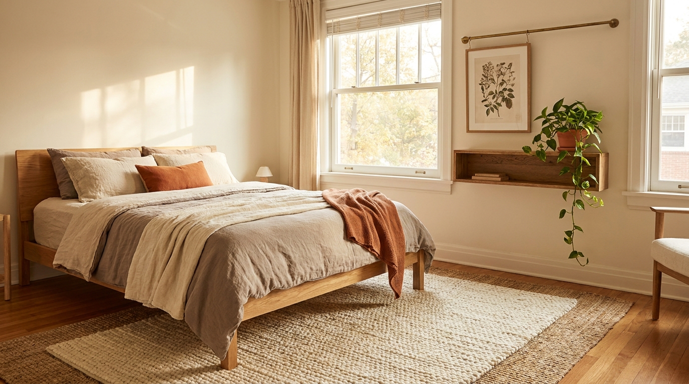 bedroom decor trends 2026 — editorial home decor styled scene with natural daylight and renter-friendly setup