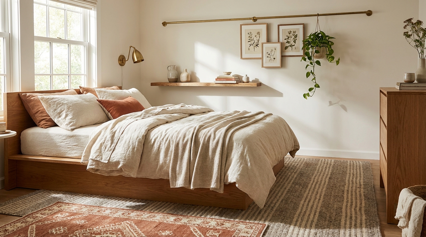 bedroom decor trends 2026 — editorial home decor styled scene with natural daylight and renter-friendly setup