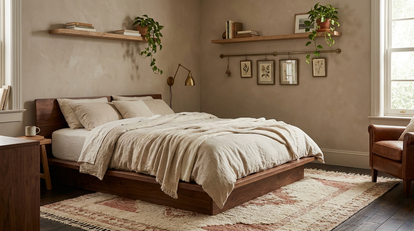 Modern organic and dark academia cozy bedroom ideas