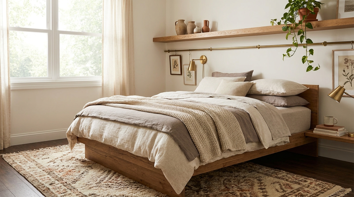 cozy bedroom ideas 2026 — editorial home decor styled scene with natural daylight and renter-friendly setup