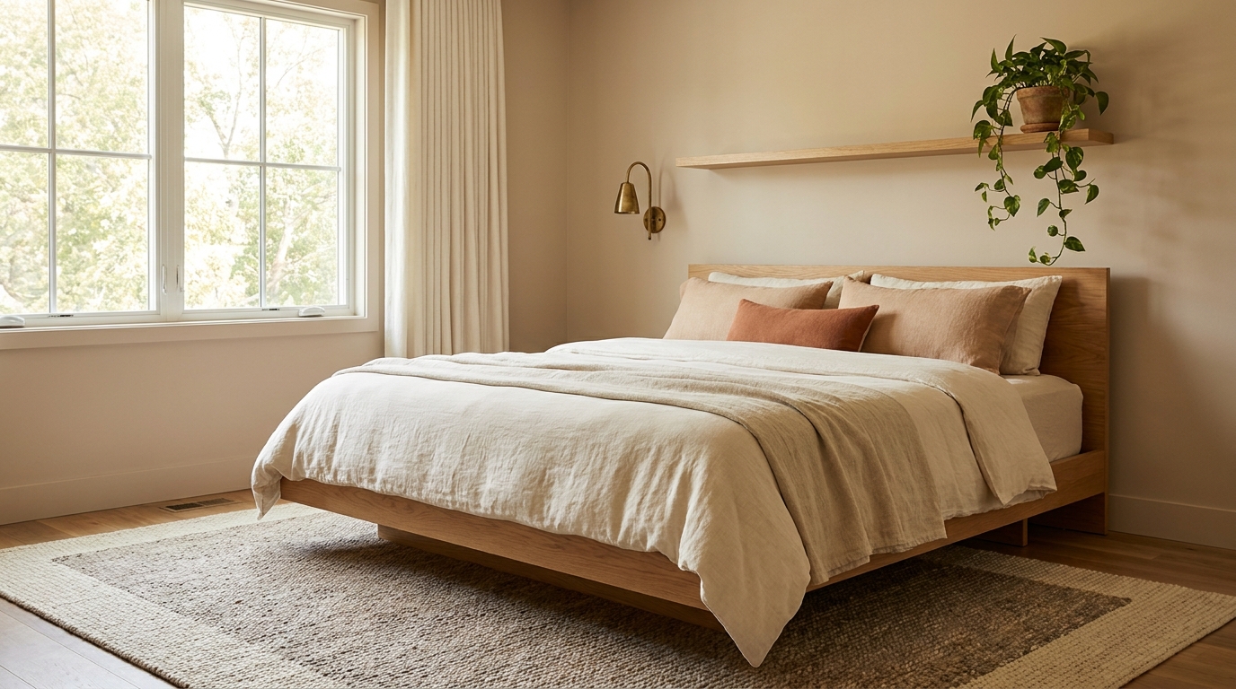 Hotel bedroom space edit clear surfaces and single plant