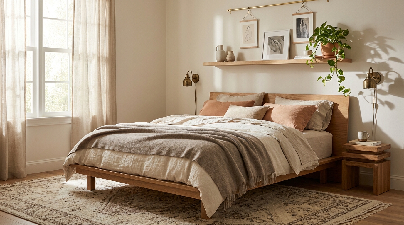 hotel vibe bedroom — editorial home decor styled scene with natural daylight and renter-friendly setup
