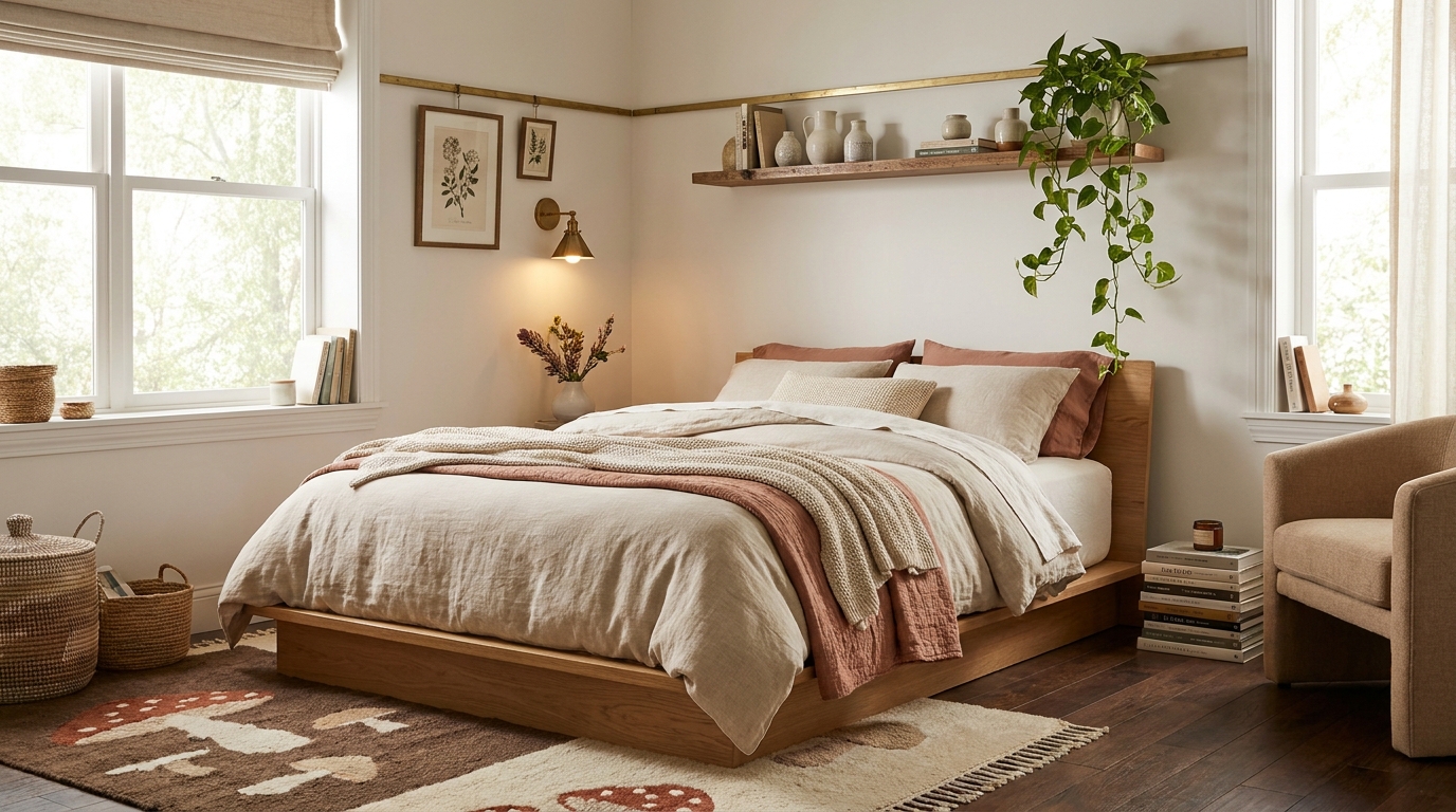 bedroom decor refresh — editorial home decor styled scene with natural daylight and renter-friendly setup