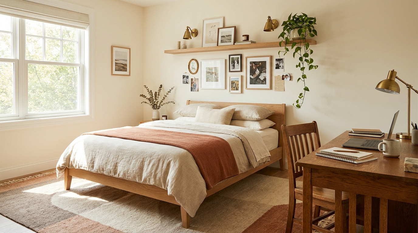 Teen bedroom personality-driven setup with gallery wall and desk