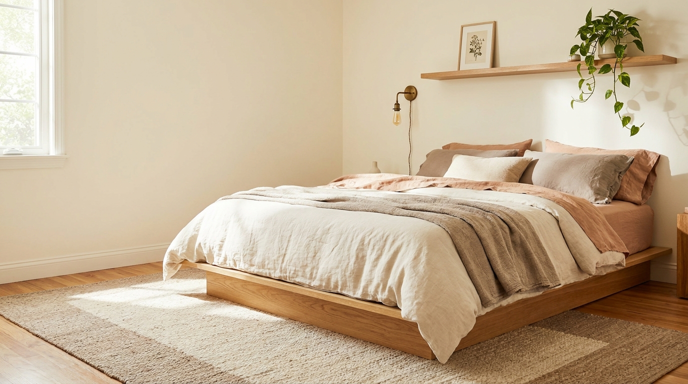Adult bedroom calm neutral palette linen and quality bedding
