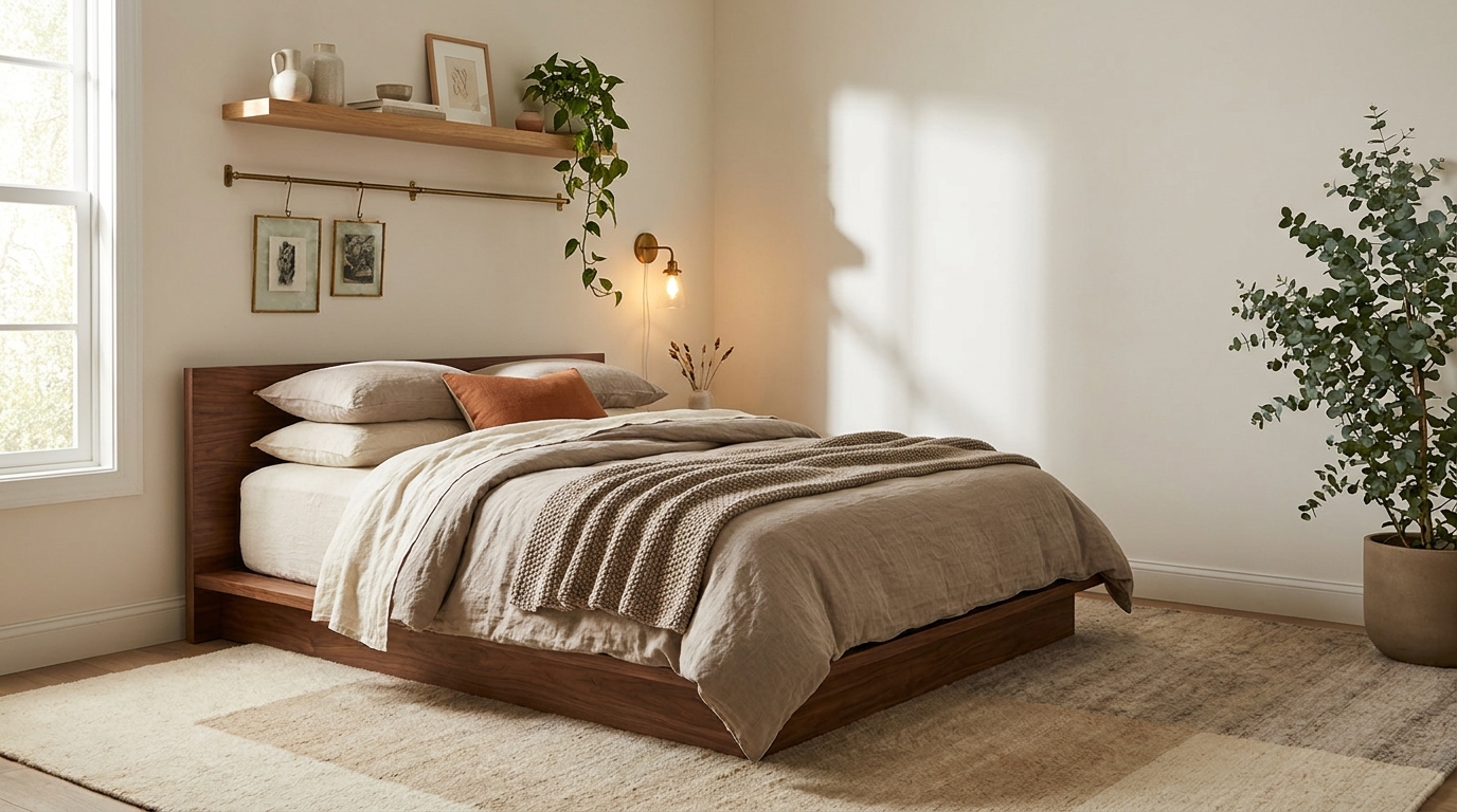 bedroom layering technique — editorial home decor styled scene with natural daylight and renter-friendly setup