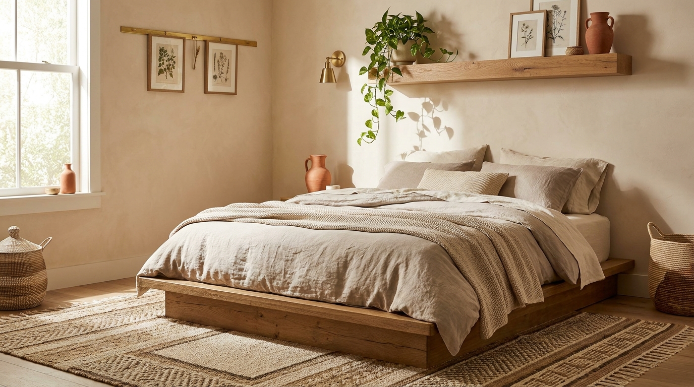 Platform bed low profile oak bedroom aesthetic setup