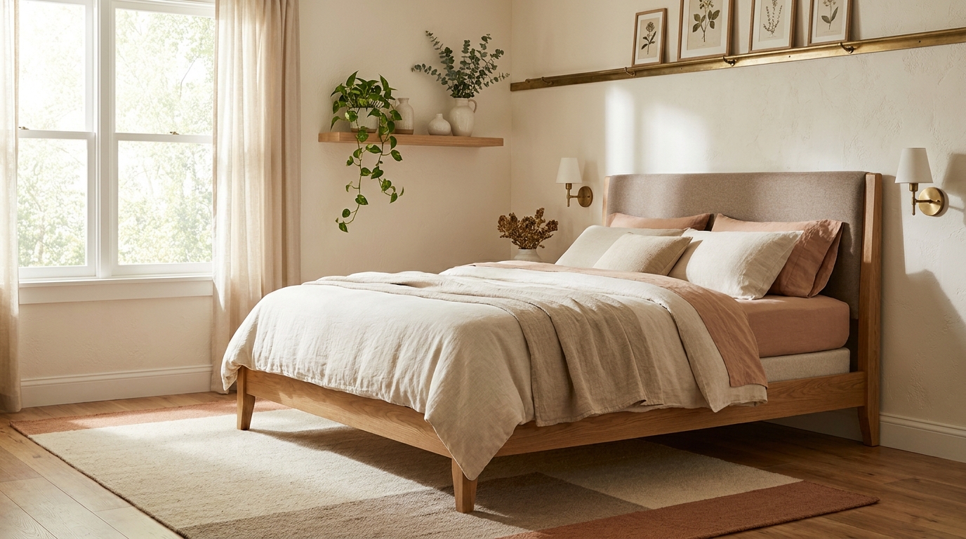 Traditional bed with box spring and upholstered headboard