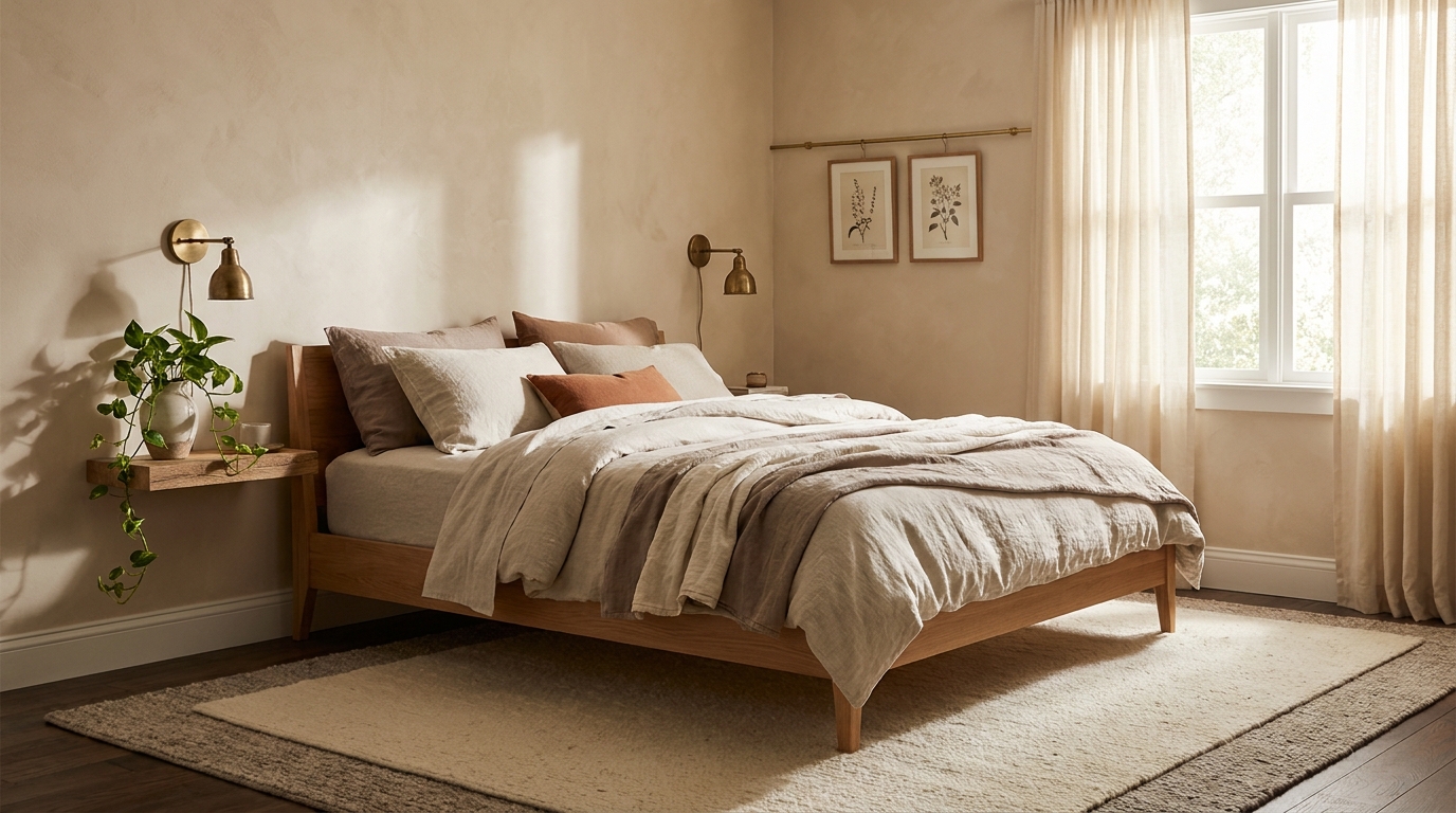 bedroom color palette — editorial home decor styled scene with natural daylight and renter-friendly setup