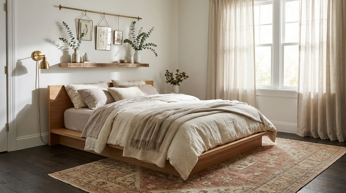 bedroom color palette — editorial home decor styled scene with natural daylight and renter-friendly setup