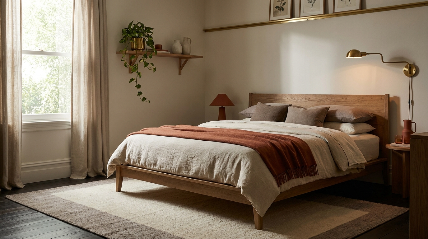 bedroom color palette — editorial home decor styled scene with natural daylight and renter-friendly setup
