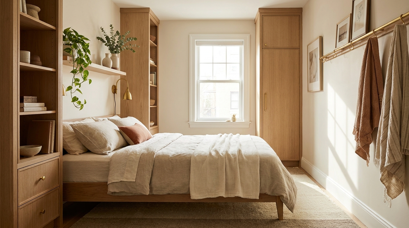 Vertical storage and tall furniture in a small bedroom