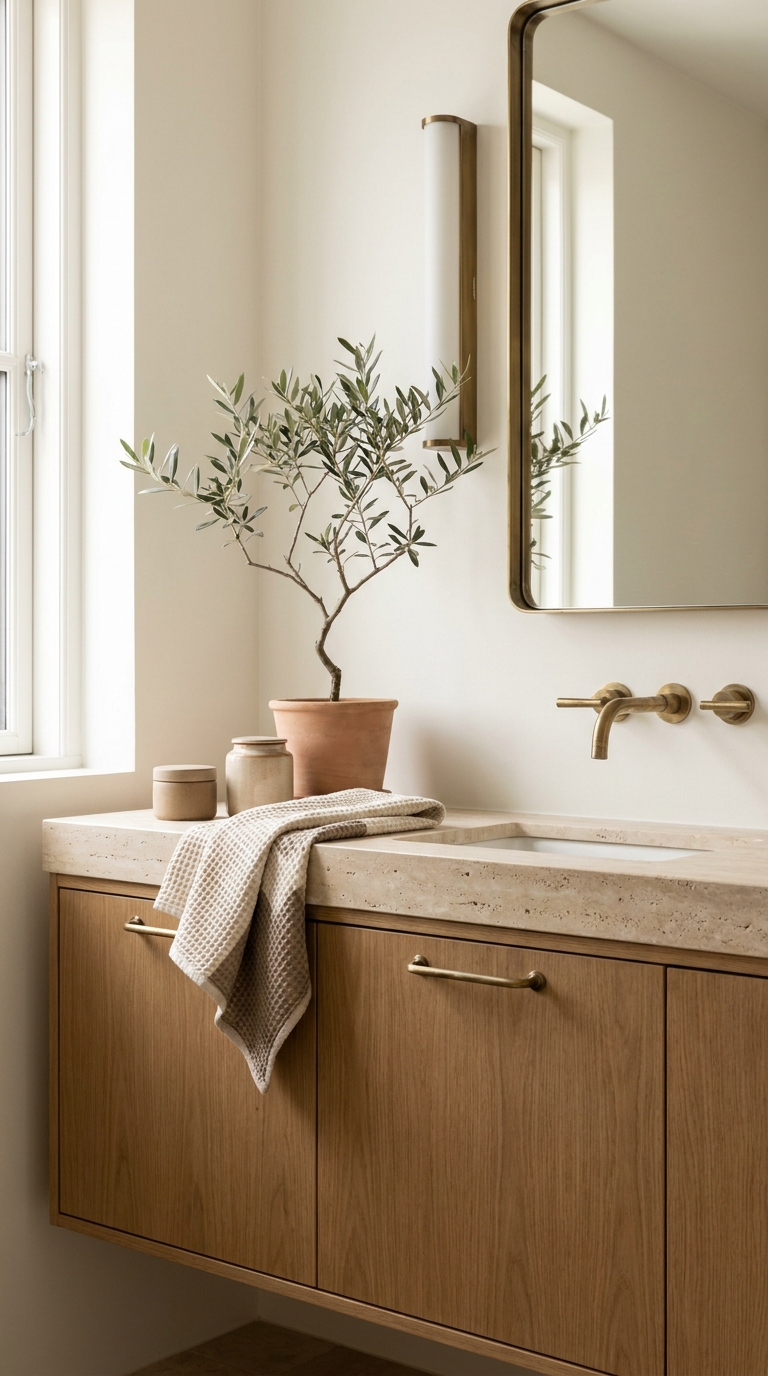 aesthetic bathroom shelfie — editorial home decor styled scene with natural daylight and renter-friendly setup