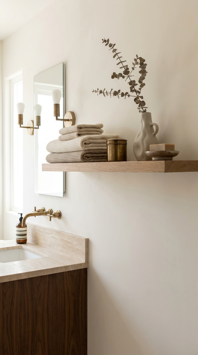 aesthetic bathroom shelfie — editorial home decor styled scene with natural daylight and renter-friendly setup