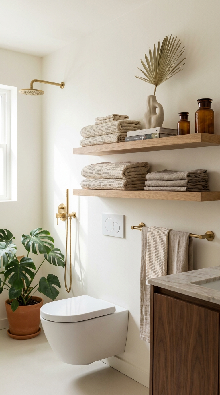 aesthetic bathroom shelfie — editorial home decor styled scene with natural daylight and renter-friendly setup