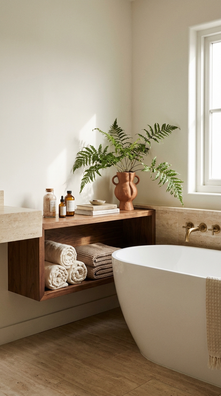aesthetic bathroom shelfie — editorial home decor styled scene with natural daylight and renter-friendly setup