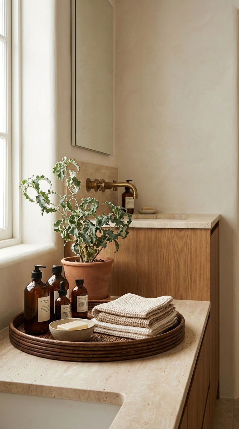 Counter styling with tray and amber bottles