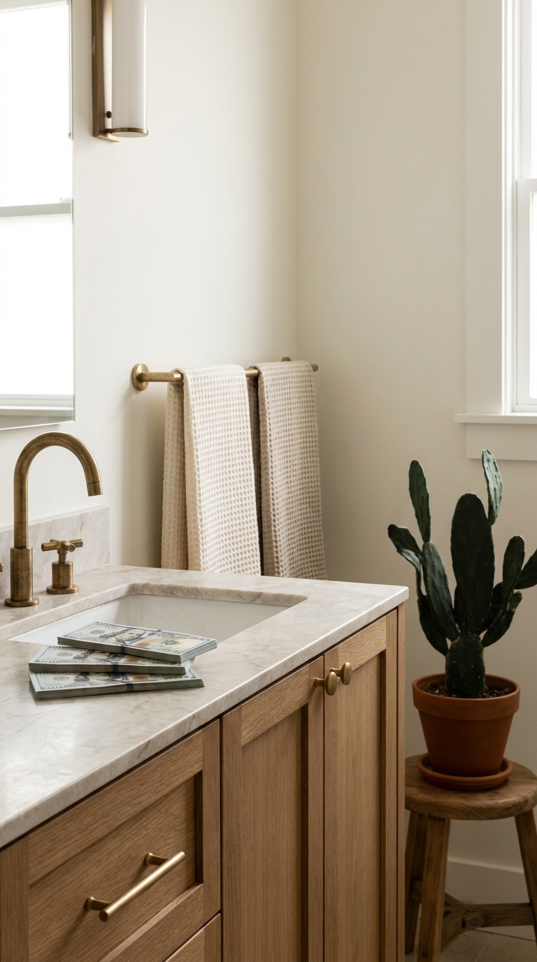 spa bathroom setup — editorial home decor styled scene with natural daylight and renter-friendly setup