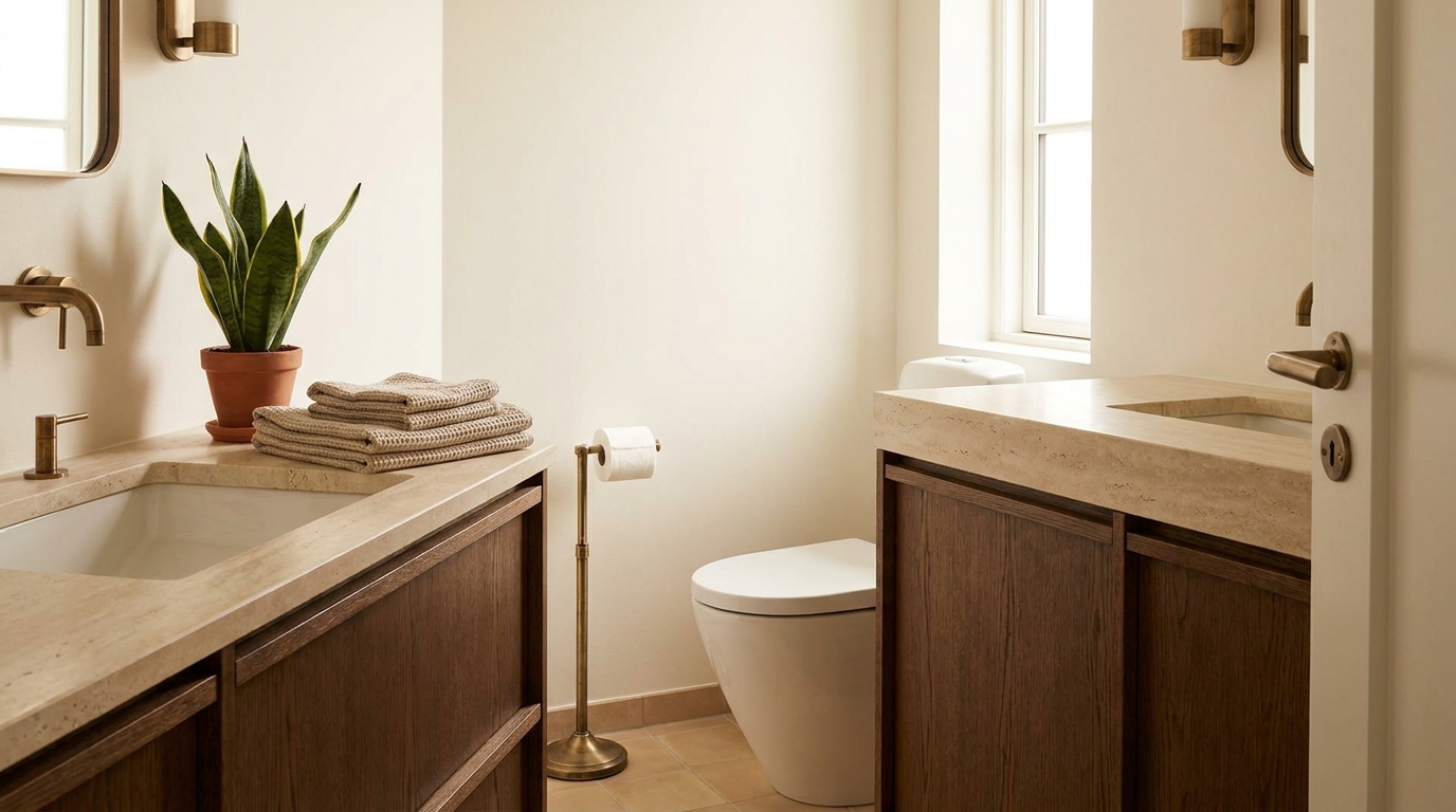 Free-standing brass holder beside toilet