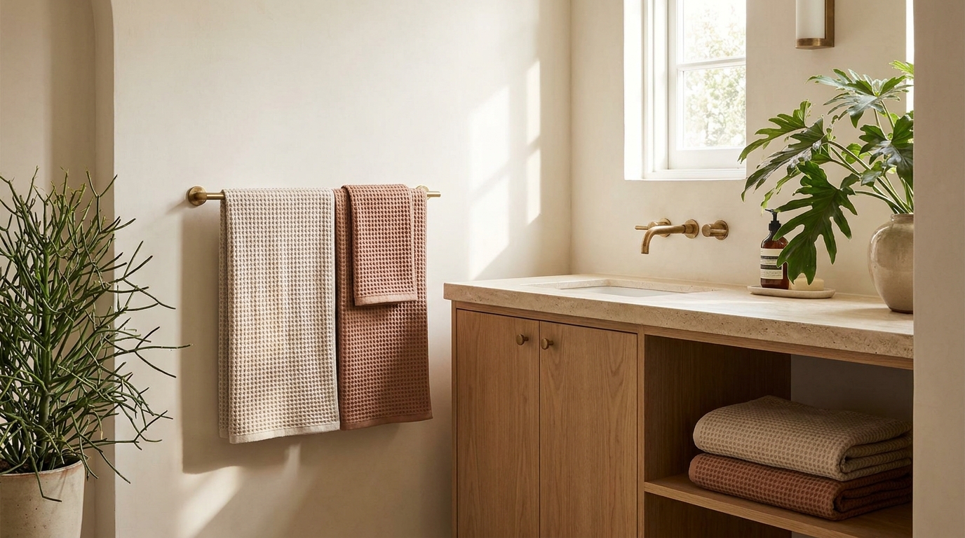 best bathroom towels — editorial home decor styled scene with natural daylight and renter-friendly setup