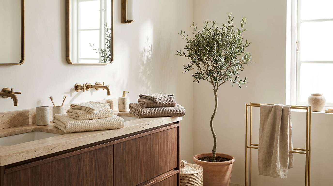 best bathroom towels — editorial home decor styled scene with natural daylight and renter-friendly setup
