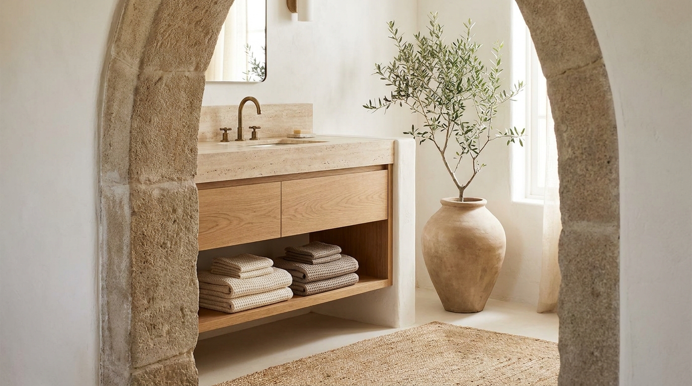 Layered bathroom with linen and stone