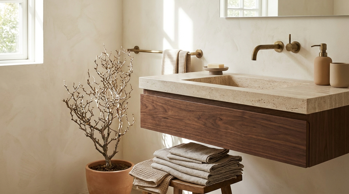 Brass hardware with travertine wall