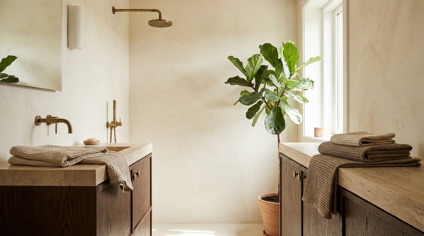 bathroom decor layering — editorial home decor styled scene with natural daylight and renter-friendly setup
