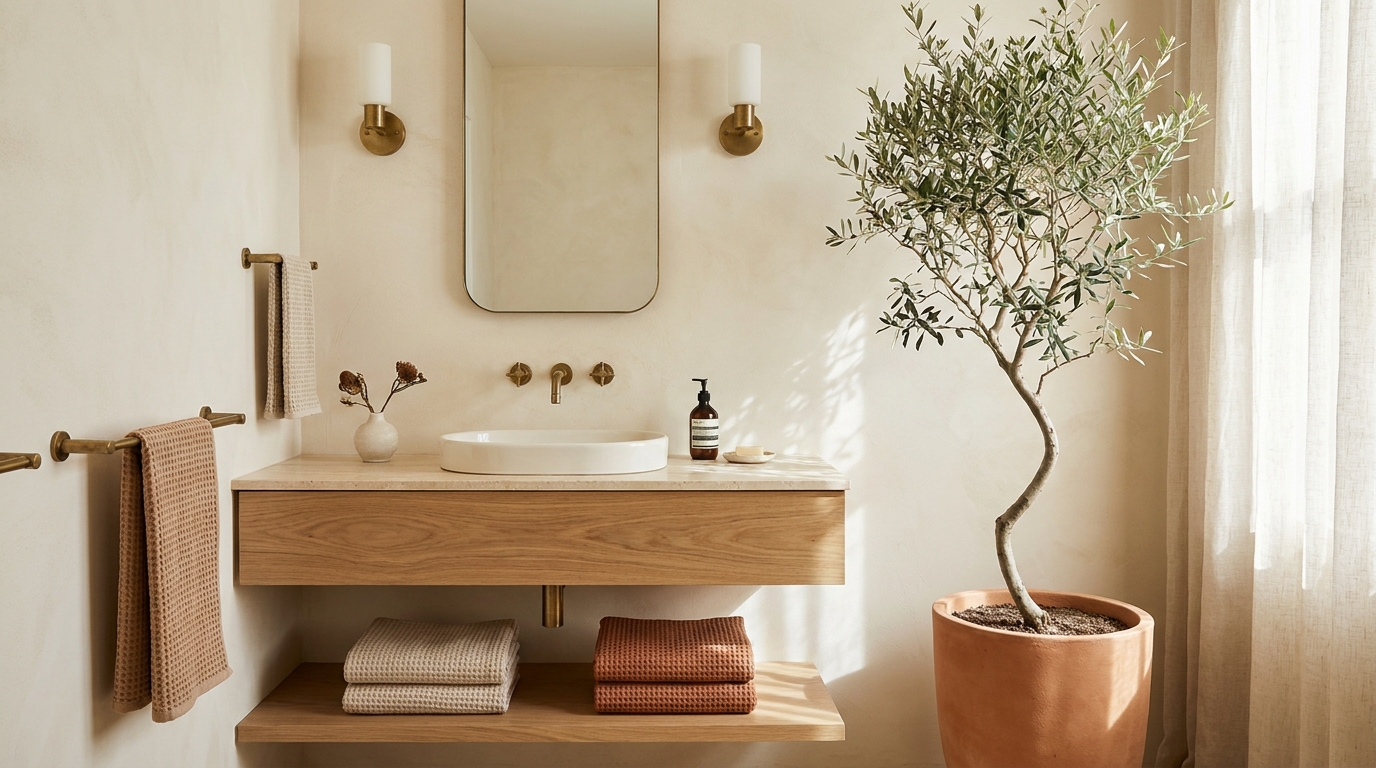powder room decor ideas — editorial home decor styled scene with natural daylight and renter-friendly setup
