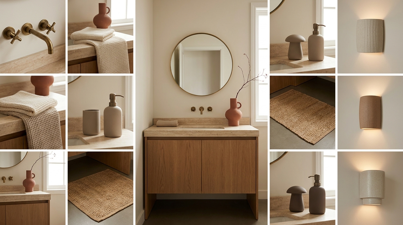 powder room decor ideas — editorial home decor styled scene with natural daylight and renter-friendly setup
