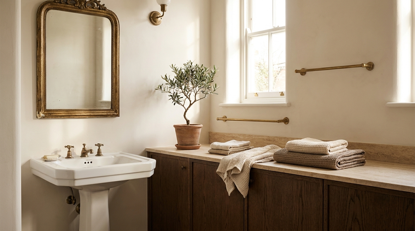 Vintage mirror over a pedestal sink