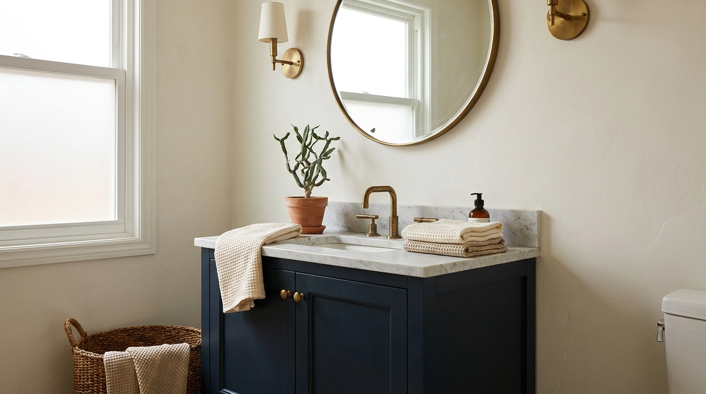 Painted powder room vanity in deep navy