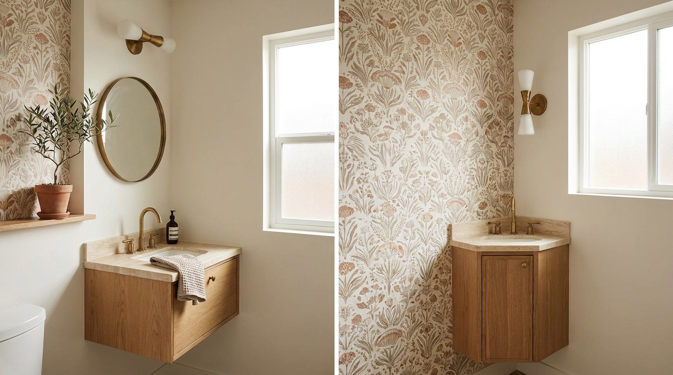 Renter-safe powder room with peel-and-stick wallpaper