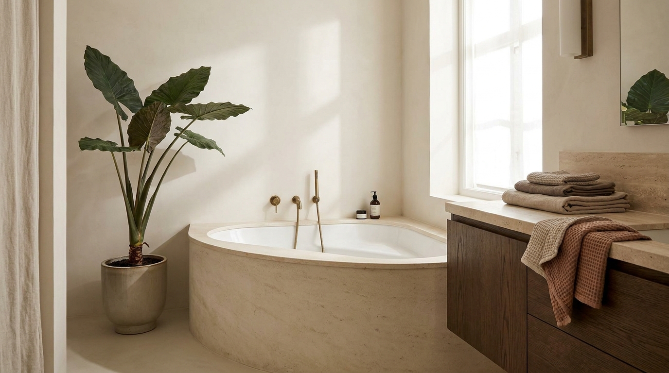bathtub corner bathroom — editorial home decor styled scene with natural daylight and renter-friendly setup