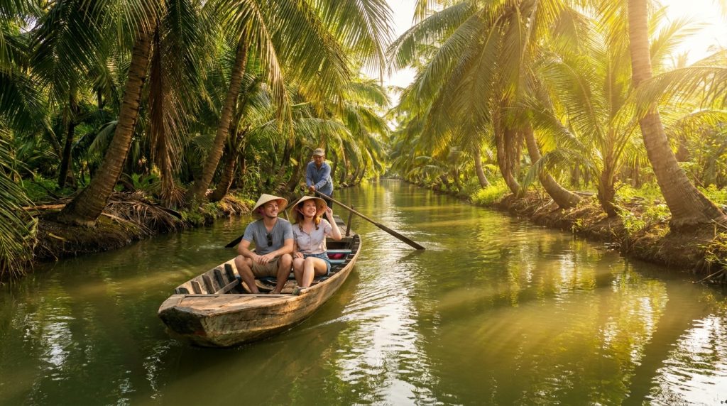 Mekong Delta Day Trip From Saigon — Foreign tourists on a mekong delta day trip from Saigon riding a wooden sampan throu