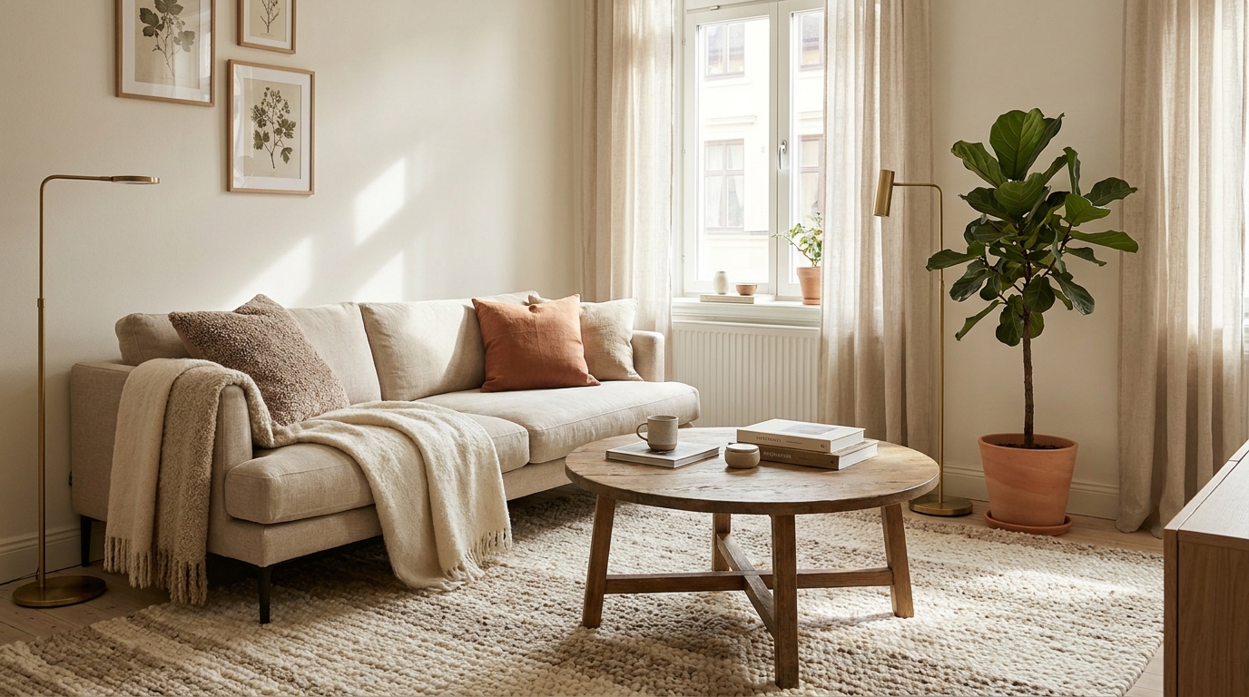 small apartment layout ideas — editorial home decor styled scene with natural daylight and renter-friendly setup
