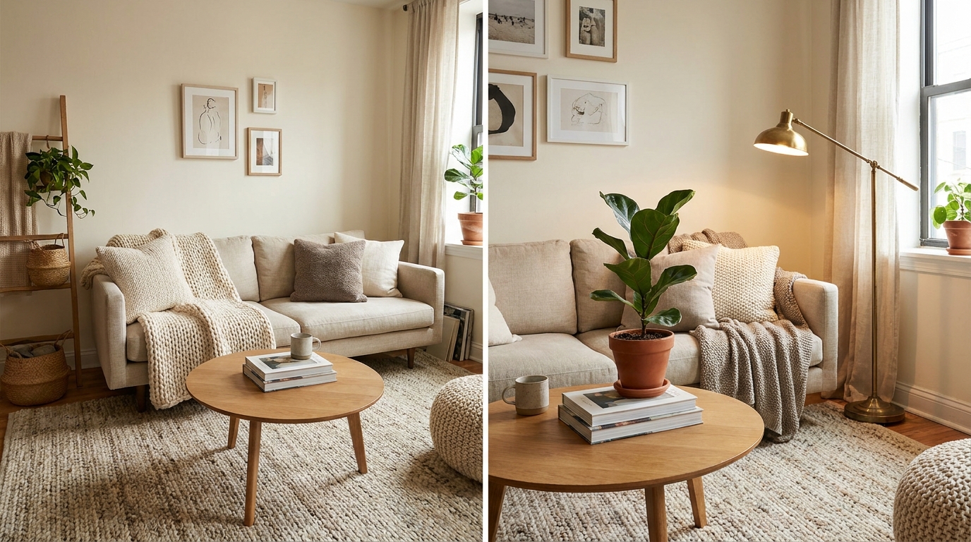 small apartment kitchen ideas — editorial home decor styled scene with natural daylight and renter-friendly setup