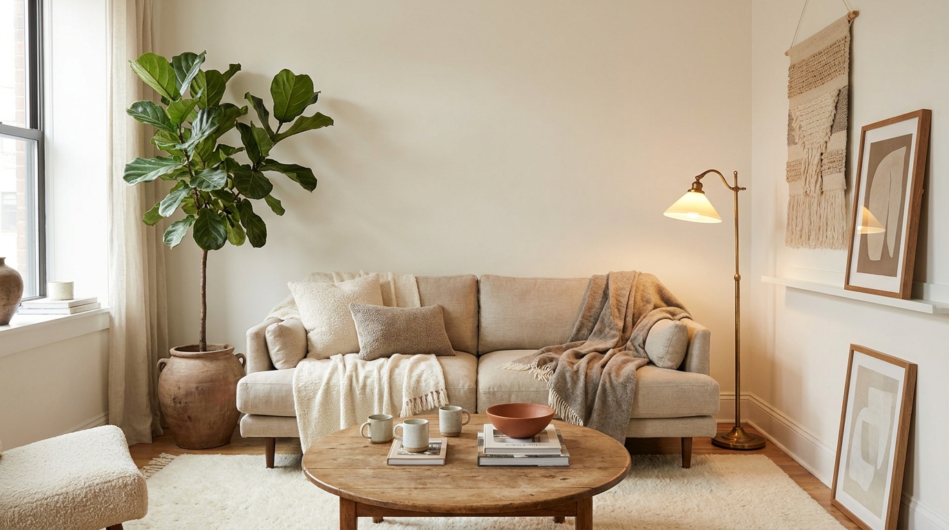 small apartment layout ideas — editorial home decor styled scene with natural daylight and renter-friendly setup