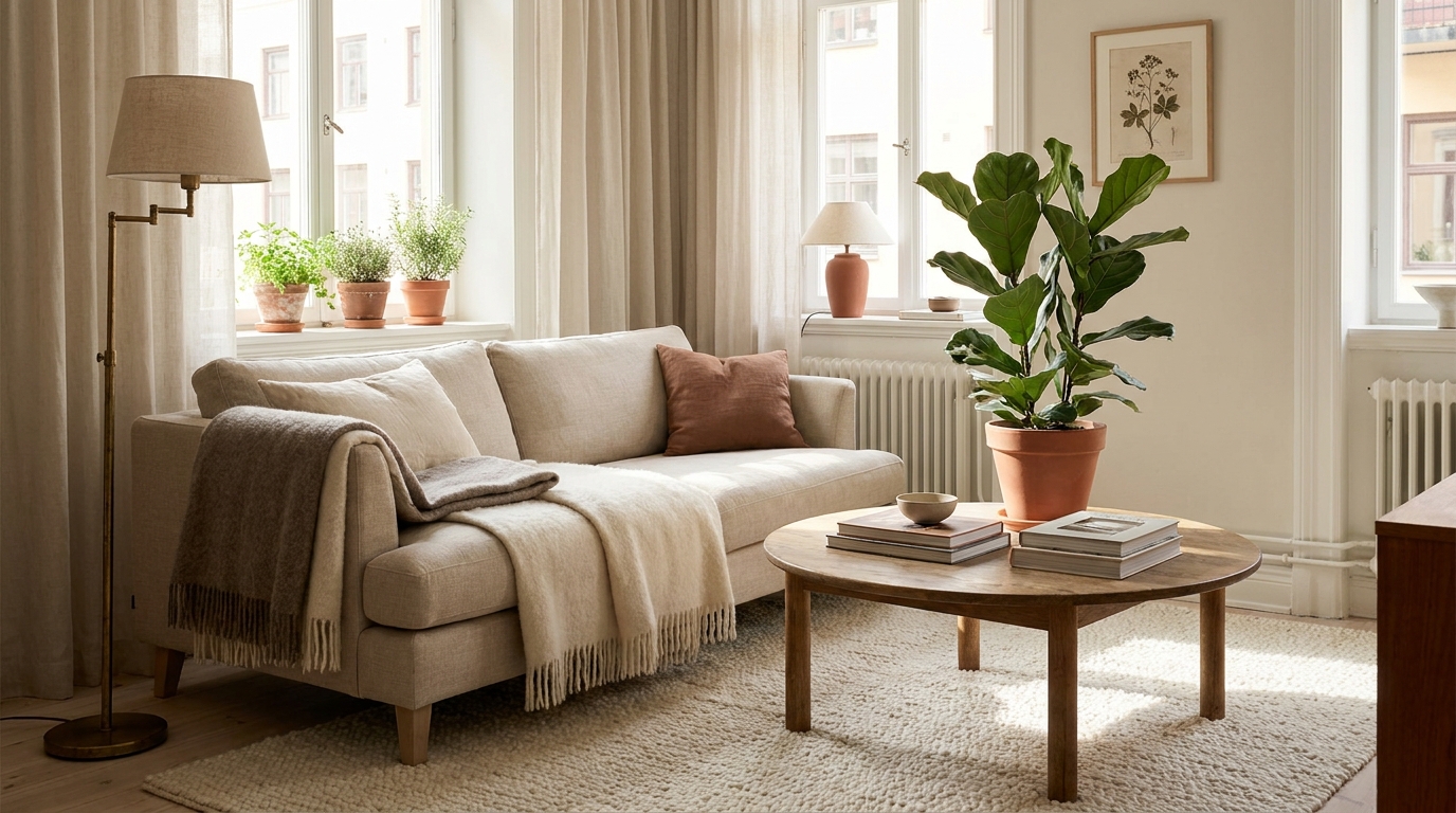 small apartment layout ideas — editorial home decor styled scene with natural daylight and renter-friendly setup