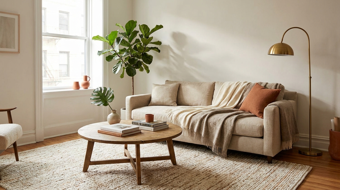 small apartment layout ideas — editorial home decor styled scene with natural daylight and renter-friendly setup