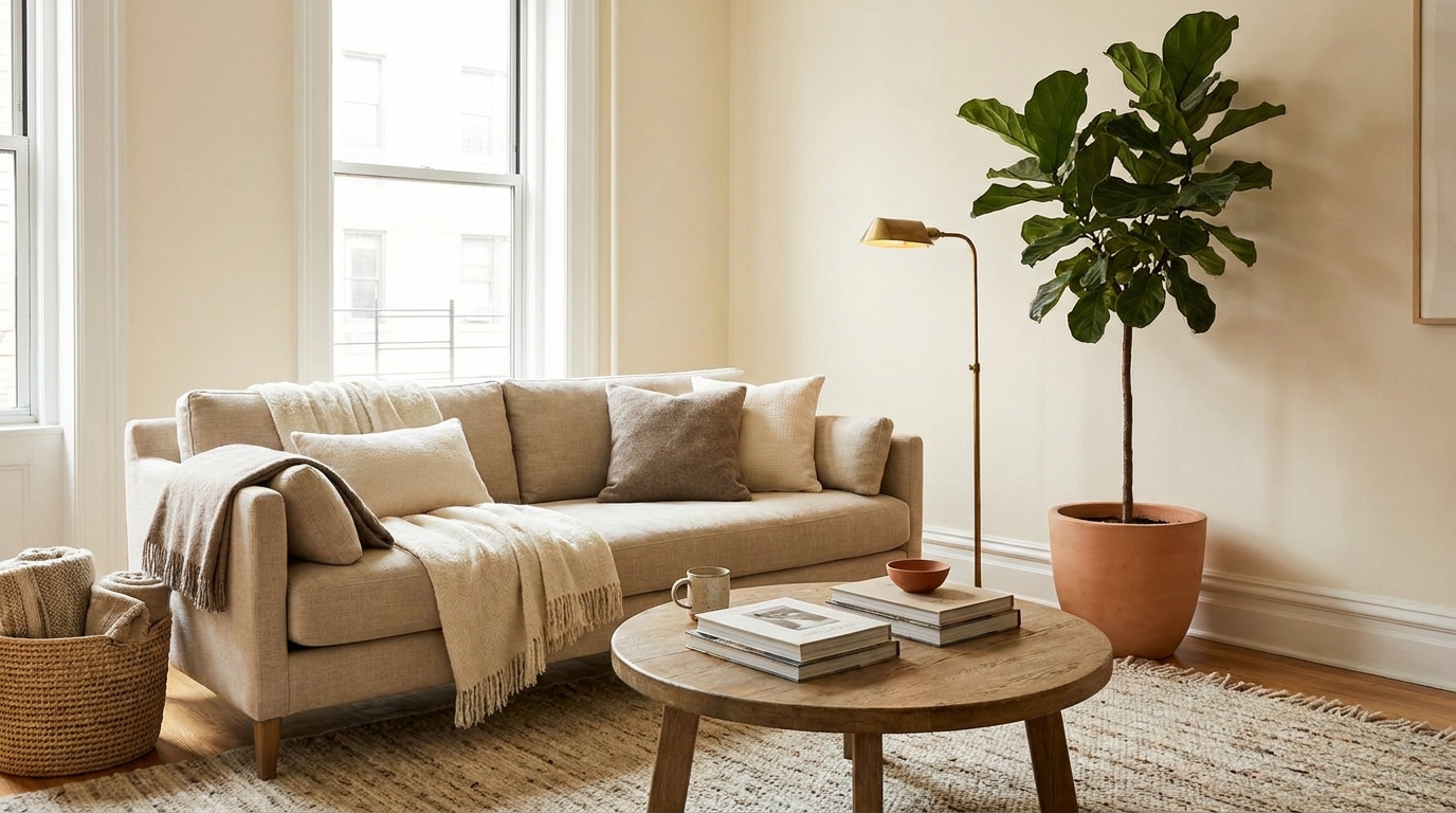 small apartment layout ideas — editorial home decor styled scene with natural daylight and renter-friendly setup