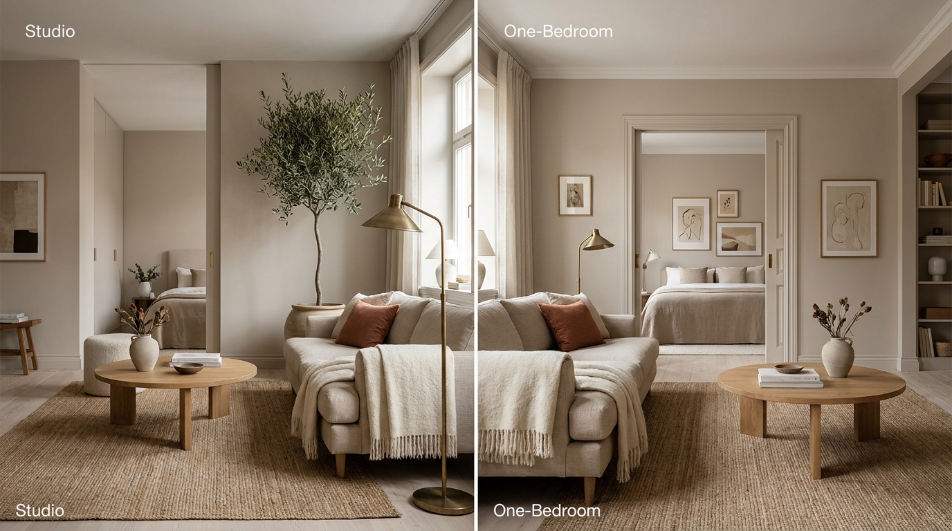studio vs one bedroom apartment — editorial home decor styled scene with natural daylight and renter-friendly setup