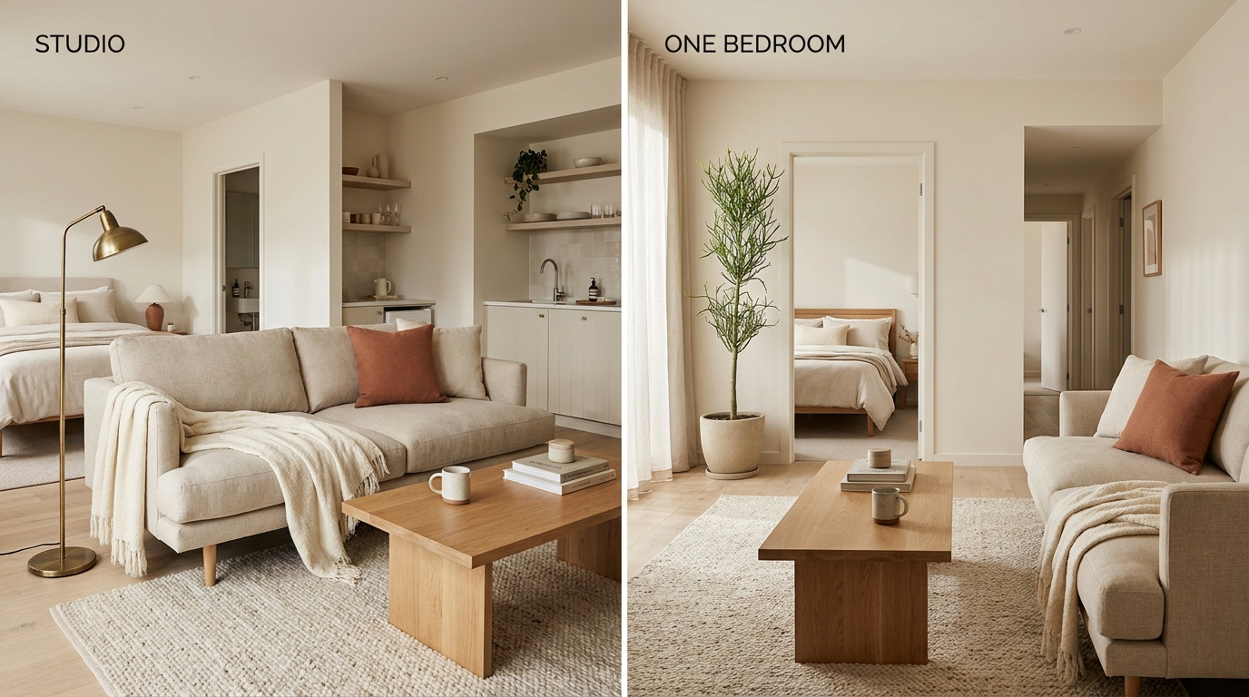 studio vs one bedroom apartment — editorial home decor styled scene with natural daylight and renter-friendly setup