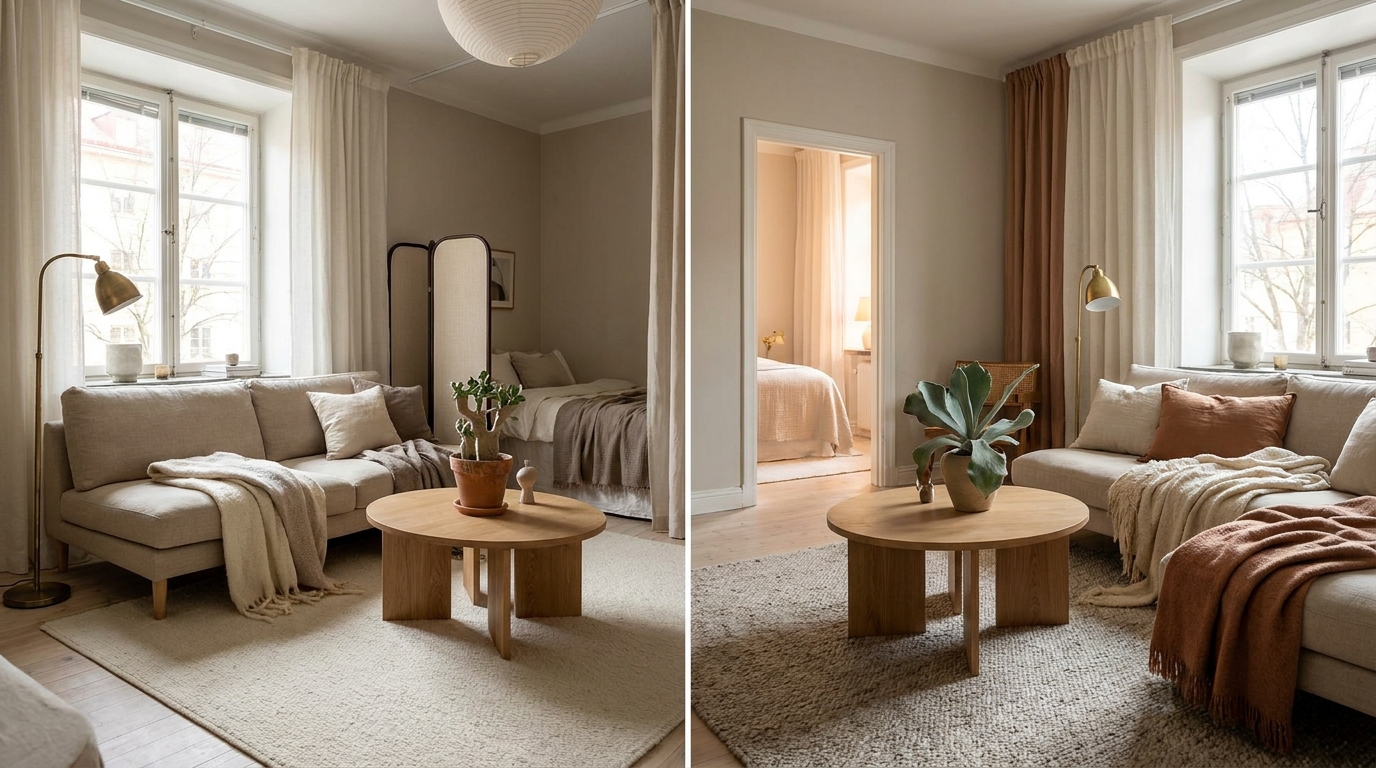studio vs one bedroom apartment — editorial home decor styled scene with natural daylight and renter-friendly setup