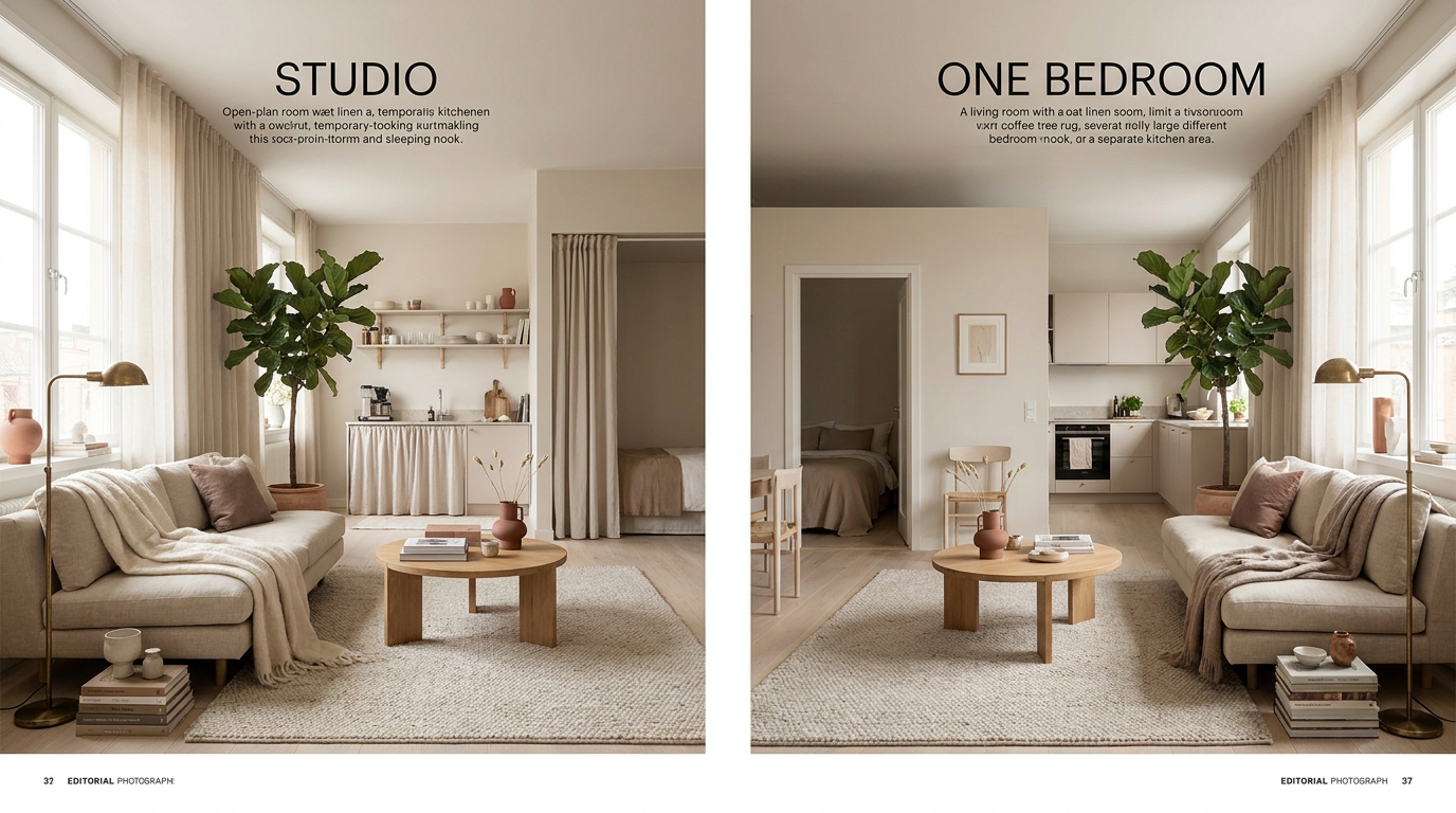 studio vs one bedroom apartment — editorial home decor styled scene with natural daylight and renter-friendly setup