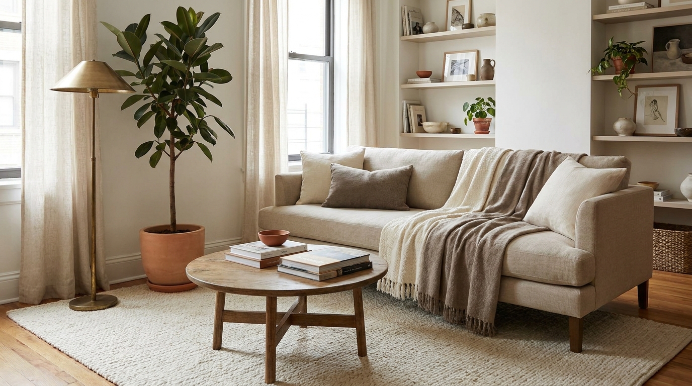 small apartment living room ideas — editorial home decor styled scene with natural daylight and renter-friendly setup