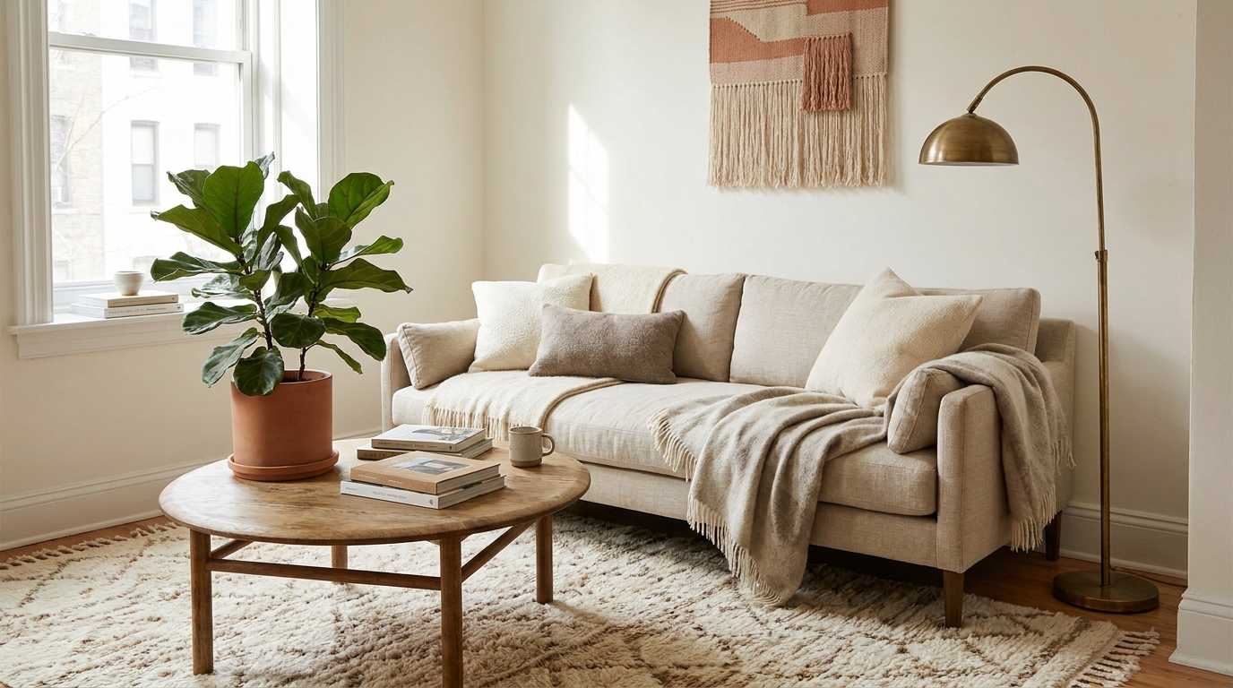 small apartment living room ideas — editorial home decor styled scene with natural daylight and renter-friendly setup