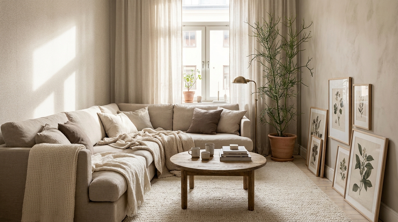 small apartment living room ideas — editorial home decor styled scene with natural daylight and renter-friendly setup