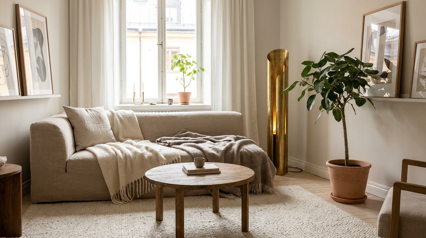 small apartment living room ideas — editorial home decor styled scene with natural daylight and renter-friendly setup