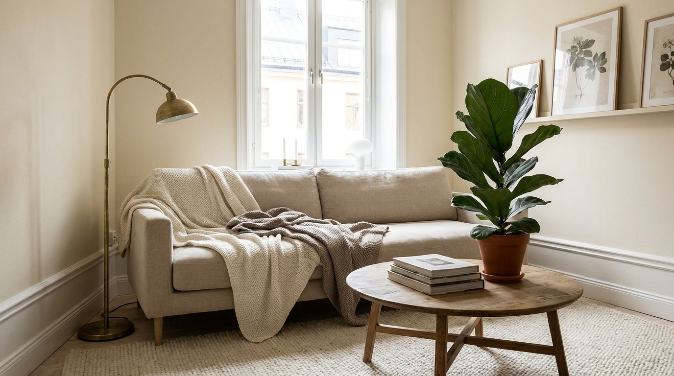 small apartment living room ideas — editorial home decor styled scene with natural daylight and renter-friendly setup